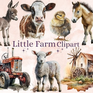 32 PNG aquarela pequenos animais de fazenda fofos, pacote PNG de animais de fazenda para bebês, clipart de vida na fazenda, gráficos de imagem de cena de casa de fazenda