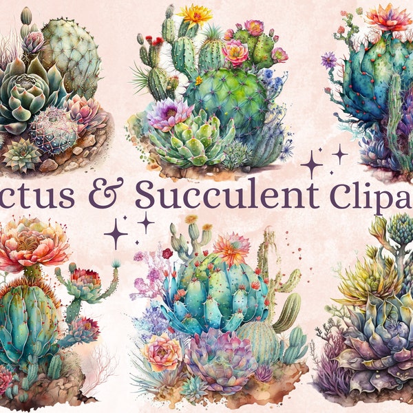 20 PNG Watercolor Floral Cactus Succulent Clipart, Mexican Cactus Greenery Clip Art, Succulent png, paper craft, scrapbooking, junk journal