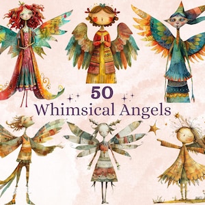 50 PNG Clipart caprichoso de acuarela, clip art de ilustraciones de ángeles extravagantes, png de niña hada peculiar, sublimación de arte de técnica mixta caprichosa
