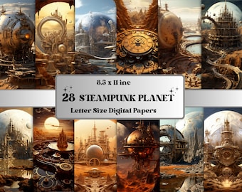 May include: A set of 28 digital papers featuring steampunk-themed illustrations of planets with intricate gears, clockwork, and buildings. The papers are letter-sized and perfect for crafting, scrapbooking, and digital design projects.