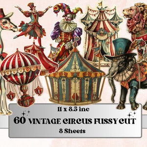 Whimsical Vintage Circus Fussy Cut Pages, Victorian Carnival Fussy Cut Ephemera Sheet, Circus Journal Add On Kit, Mixed Media Collage Sheet