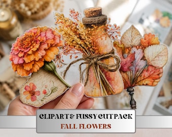 Fall Flowers Fussy Cuts & Clipart, Printable Autumn Floral Cut Outs, Botanical Ephemera, Junk Journal Scrapbook Kit