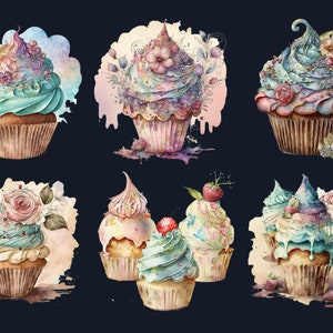 20 PNG Watercolor Magical Cupcakes Clipart, Gothic Cupcake Clip Art, Floral Cupcakes, Dessert clipart set, Floral Bakery Dessert Sublimation