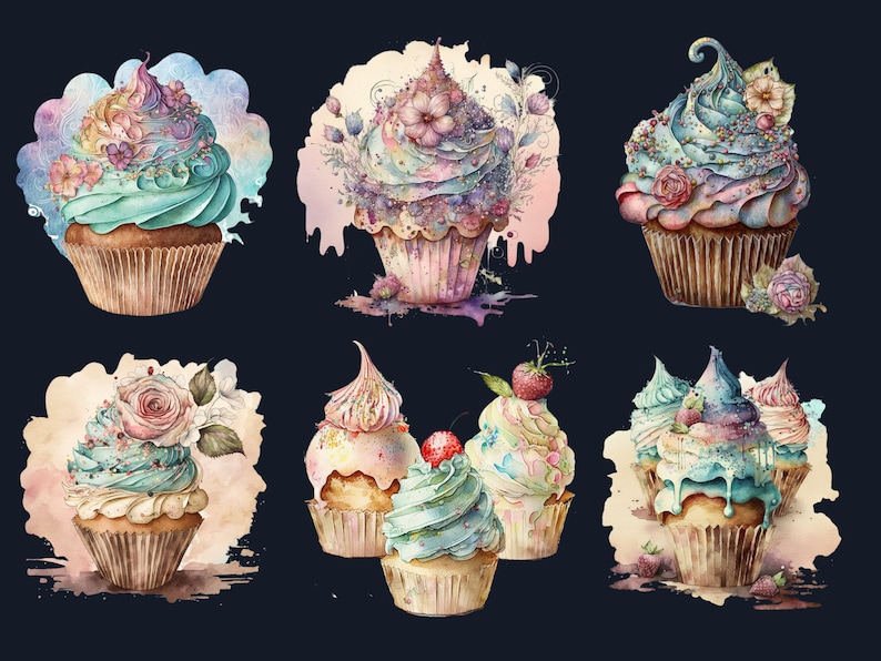 20 PNG Watercolor Magical Cupcakes Clipart, Gothic Cupcake Clip Art, Floral Cupcakes, Dessert clipart set, Floral Bakery Dessert Sublimation