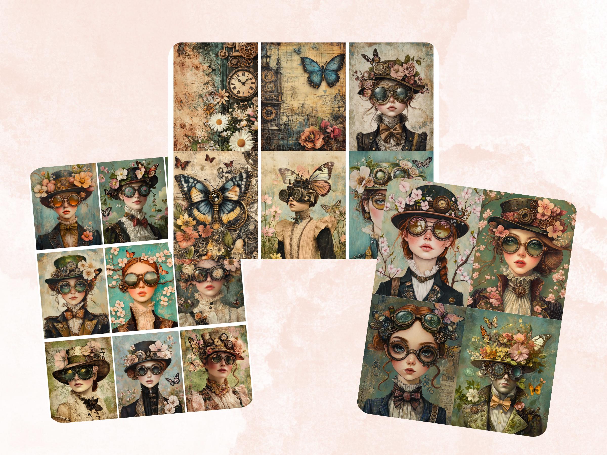 Steampunk Spring Collage Paper, Surreal Steampunk Mixed Media Sheet ...
