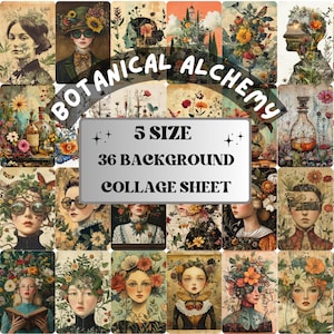 Whimsy Botanical Alchemy Collage Paper, Floral Surreal Mixed Media Sheet, Whimsical Garden Ephemera Image, Quirky Journal, Scrapbook Paper
