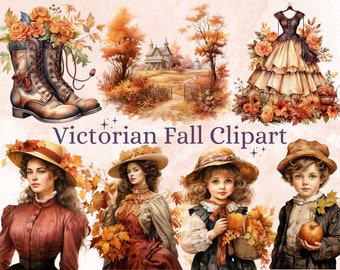 40 PNG Watercolor Victorian Fall Clipart Bundle, Vintage Rustic Autumn Pumpkin Illustrations Clip art, Retro Fall png, Autumn Sublimation