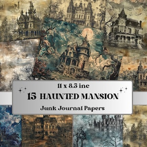 Vintage Haunted Mansion Journal Paper, Halloween House Pages Ephemera Kit, Gothic Collage Scrapbook Paper, Printable Horizontal Digital Page