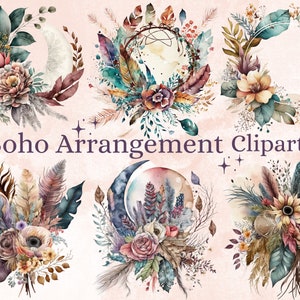 30 PNG aquarelle Boho Arrangement Clipart, Boho fleurs PNG, Boho roses bouquets clipart, Pampas Clipart, rustique Boho Floral Clip Art