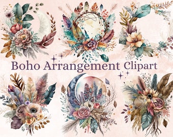 30 PNG Watercolor Boho Arrangement Clipart, Boho Flowers PNG, Boho roses bouquets clipart, Pampas Clipart, Rustic Bohemian Floral Clip Art