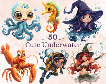 50 PNG Acquerello Carino Sotto il Mare Clipart, Carino Ocean Nursery Clip art, Divertente Animale Marino png, Sublimazione della vita marina, Cartone animato Sott'acqua