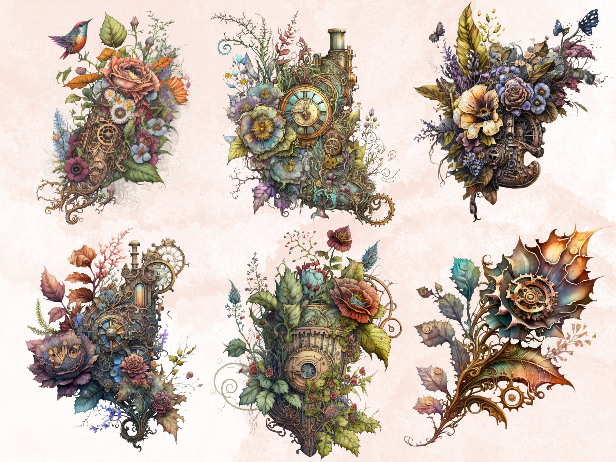 23 PNG Watercolor Steampunk Flowers Clipart, Steampunk Ephemera ...