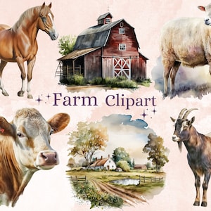 32 PNG aquarela animais de fazenda clipart, pacote PNG de animais de celeiro de fazenda, clipart de elemento de vida de fazenda, gráficos de imagem de clipart de cena de casa de campo de fazenda