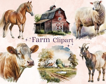 32 PNG Watercolor Farm Animals Clipart, Farm Barn Animals PNG Bundle, Farm life Element Clip Art, Farm Cottage Scene Clip Art Image Graphics