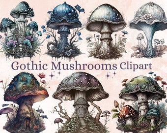 20 PNG Watercolor Gothic Mushrooms Clipart, Dark Fantasy Magical Mystery Mushroom Clip Art, Dark Mushroom png set, Scrapbook, Junk Journal