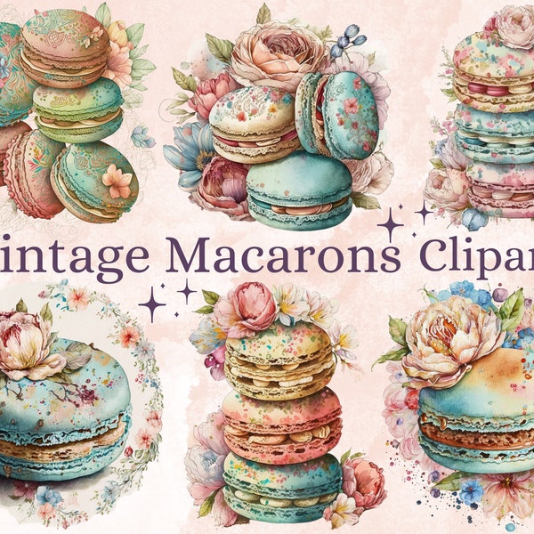 19 PNG aquarelle vintage Macaron Clipart, Macaron fleurs Clip Art aquarelle Bundle, dessert sucré, macaron clipart, illustration de boulangerie