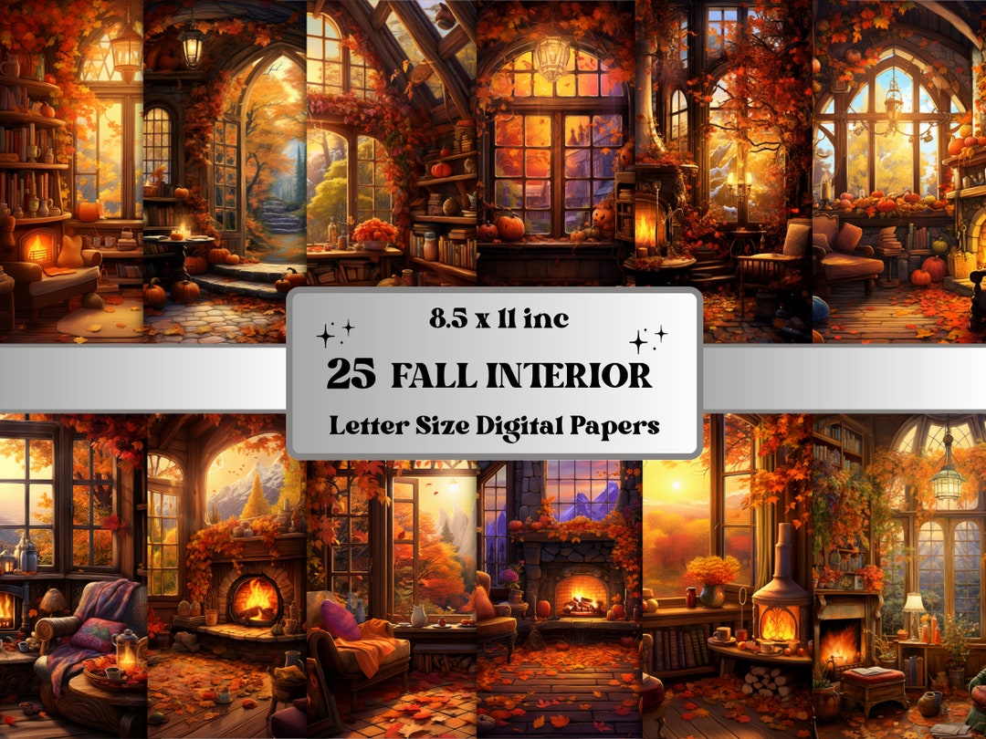 Printable Cozy Fall Interior Digital Paper, Autumn Indoor Background ...