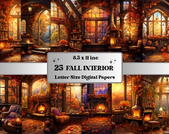 Printable Cozy Fall Interior Digital Paper, Autumn Indoor Background, Room Scenes Pages, Download Junk Journal, Scrapbooking, Card Making