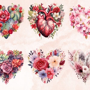 40 PNG Watercolor Valentine's Day Hearts Clipart, Floral Valentines Day ...