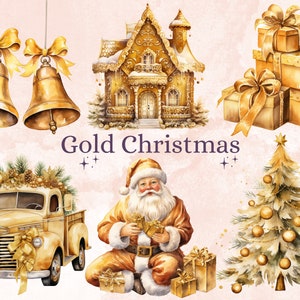 40 PNG Watercolour Gold Christmas Clipart, Golden Luxury Christmas Illustrations Clip art, Yellow Winter Holiday png, Xmas Noel Ornaments
