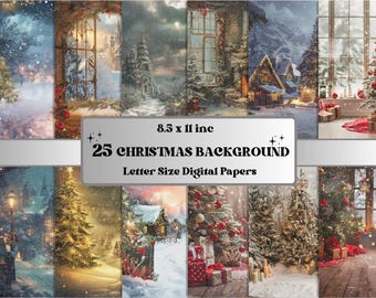 May include: 25 digital papers featuring Christmas scenes. The papers are 8.5 x 11 inches and feature images of snow-covered landscapes, cozy cabins, and festive trees.
