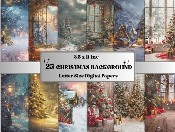 Printable Christmas Digital Paper, Christmas Holiday Background, Winter Landscape Backdrop, Download Junk Journal, Scrapbooking, Card Making