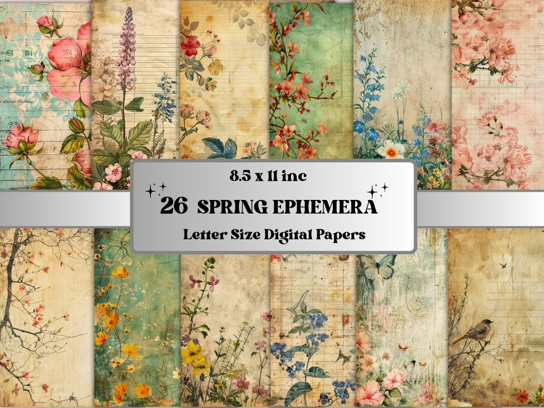 Printable Spring Ephemera Digital Paper, Floral Garden Collage, Spring ...
