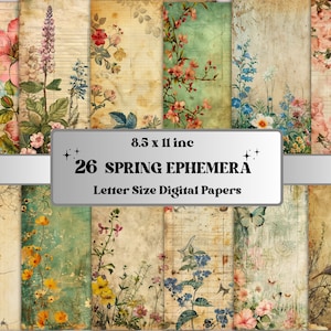Papier numérique éphémère à imprimer pour le printemps, collage floral de jardin, pages shabby chic printanières, kit de carnet de bordel de printemps, scrapbooking, fabrication de cartes