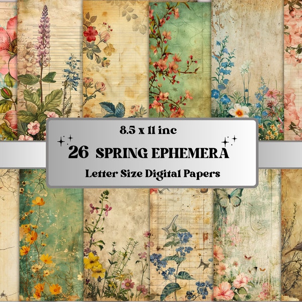 Printable Spring Ephemera Digital Paper, Floral Garden Collage, Spring Shabby Chic Pages, Spring Junk Journal Kit, Scrapbooking, Card Making