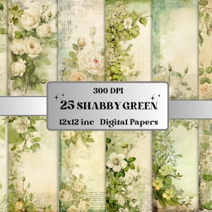 Green Shabby Chic Junk Journal Kit, vintage Shabby Chic Ephemera Collage, Papier scrapbook romantique, Cartes numériques roses florales imprimables