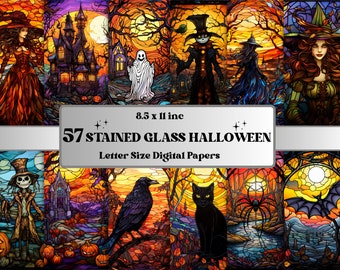 Printable Stained Glass Halloween Digital Paper, Haunted Mansion Background, Dark Fantasy Landscape Pages, Download Journal, Scrapbooking