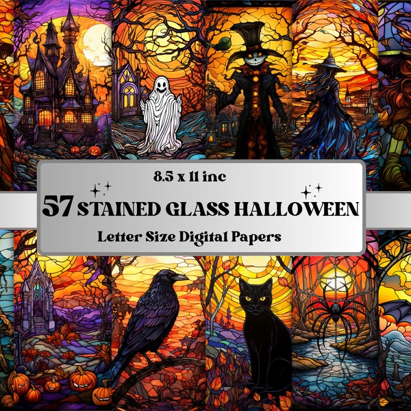 Printable Stained Glass Halloween Digital Paper, Haunted Mansion Background, Dark Fantasy Landscape Pages, Download Journal, Scrapbooking