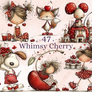 Peut inclure: Illustration fantaisiste avec des personnages de dessins animés sur le thème des cerises. Une fille en robe à pois rouges, un renard, une souris et un chien sont représentés. Le texte "47 Whimsy Cherry" est inclus.