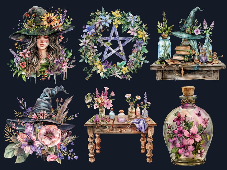 40 PNG Watercolor Spring Witch Clipart, Pagan Ostara Witch ...