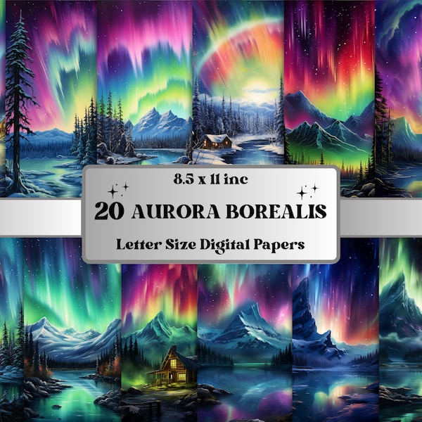 Printable Enchanted Aurora Borealis Digital Paper, Northern Lights Background, Fantasy Sky Backdrop, Download Junk Journal, Scrapbooking