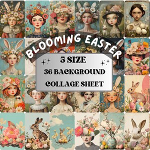 Whimsy Easter Blooming Collage Paper, Surreal Floral Mixed Media Sheet, Whimsical Ephemera Images, Quirky Journal, Easter Scrapbook Paper