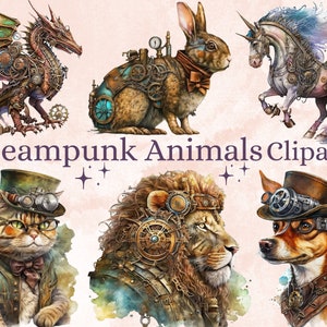 May include: A set of six digital clipart images featuring steampunk-style animals. The animals include a dragon, a rabbit, a unicorn, a cat, a lion, and a dog. Each animal is depicted with intricate gears, cogs, and other mechanical elements.
