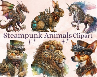 32 imágenes prediseñadas de animales Steampunk de acuarela, efímeras de animales Steampunk, paquete png de animales Steampunk de fantasía, diario basura de animales Steampunk