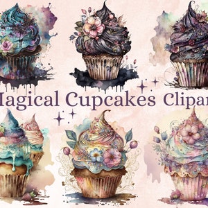 20 PNG 水彩マジカルカップケーキ クリップアート、ゴシック カップケーキ クリップアート、花柄カップケーキ、デザート クリップアート セット、花柄ベーカリー デザート昇華