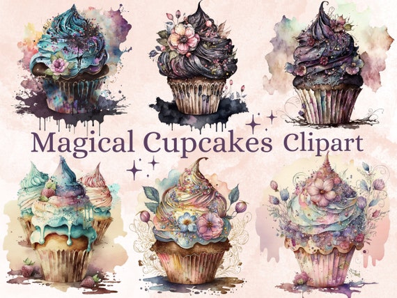 20 PNG Watercolor Magical Cupcakes Clipart, Gothic Cupcake Clip Art, Floral Cupcakes, Dessert clipart set, Floral Bakery Dessert Sublimation