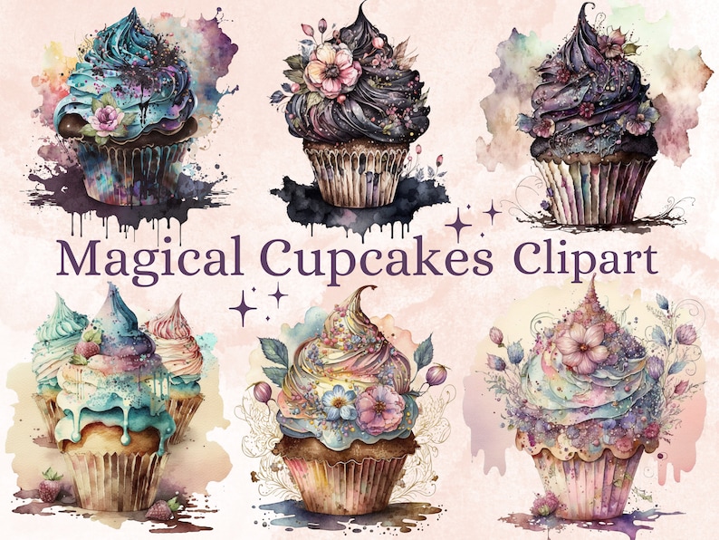 20 PNG Watercolor Magical Cupcakes Clipart, Gothic Cupcake Clip Art, Floral Cupcakes, Dessert clipart set, Floral Bakery Dessert Sublimation