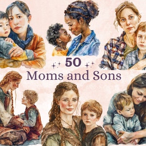 50 PNG Watercolour Moms and Sons Clipart, Mother&#39;s Day Love Illustrations Clip art, Motherhood Family png, Cute Mom and Child Sublimation