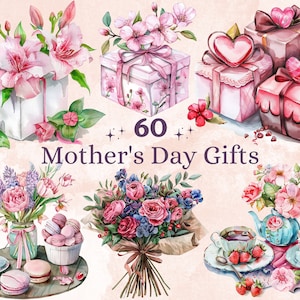 60 PNG aquarel Moederdag geschenken clipart, Moederdag bloemboeket illustraties illustraties, bloemen geschenkdozen png, theetijd sublimatie