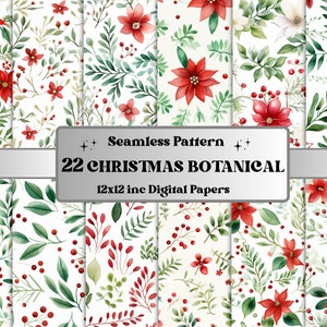 Paquet de papier numérique botanique de Noël aquarelle transparente, motif sans couture de fleurs d'hiver, fond de texture de Noël, papiers de scrapbooking