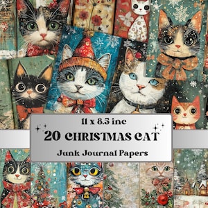 Skurril Weihnachten Katze Junk Journal Kit, Winter Noel Ephemera, Mixed Media Collage Sheet, Weihnachten Scrapbook Papier, süsse ATC Weihnachtskarte