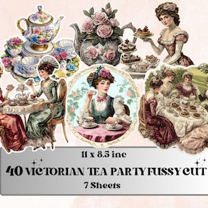 Victorian Tea Party Fussy Cut Pages, Floral Tea Time Fussy Cut Ephemera Sheet, Tea Time Journal Add On Kit, Victorian Mixed Media Collage