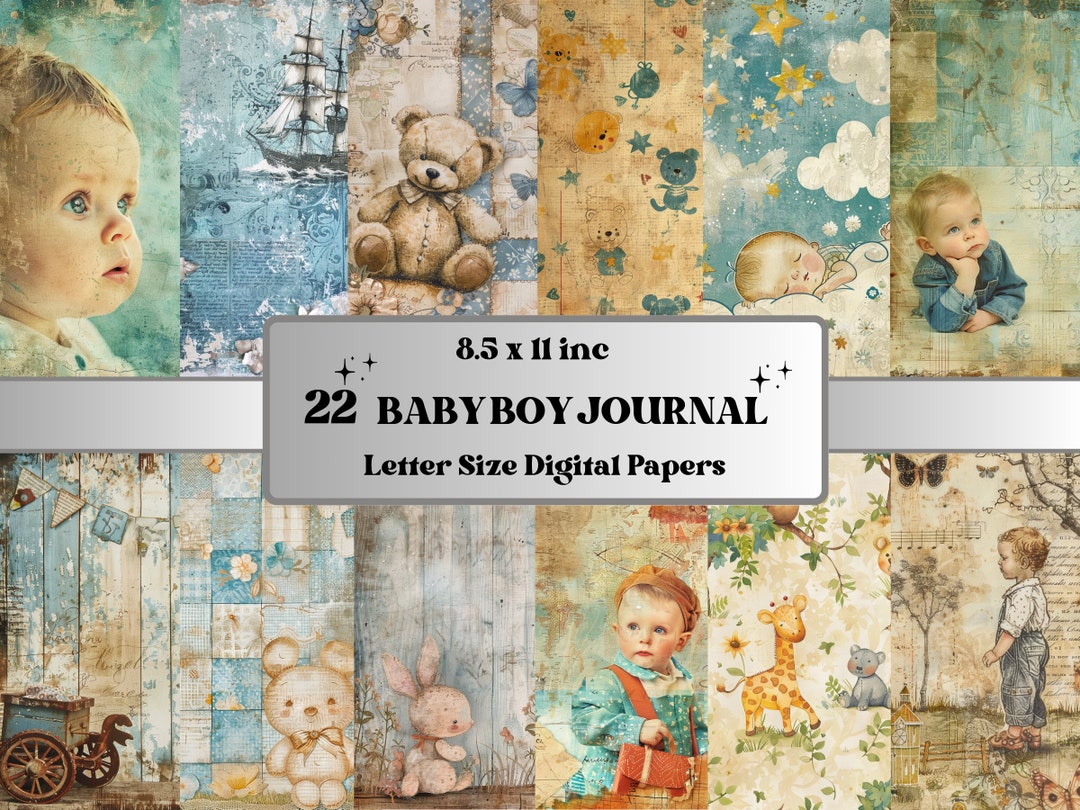 Baby Boy Junk Journal Kit, Printable Nursery Digital Paper, Cute Baby