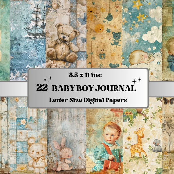 Baby Boy Junk Journal Kit, Printable Nursery Digital Paper, Cute Baby Shabby Chic Ephemera Collage, Blue Newborn Scrapbooking, Card Making