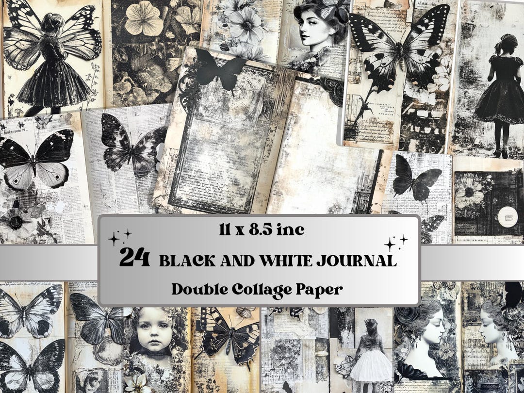 Black and White Junk Journal Kit, Old Pages Ephemera, Whimsical Collage ...