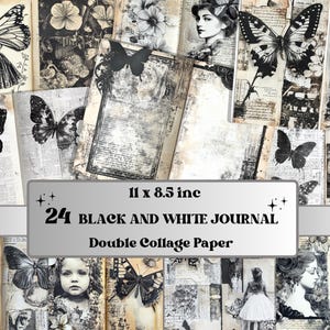 Kit de carnet de bord noir et blanc, vieilles pages éphémères, feuille de collage fantaisiste, papier de scrapbooking noir et blanc, carte ATC technique mixte, arrière-plan noir et blanc